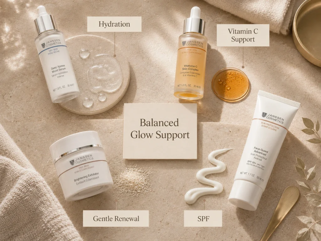 Luxury educational still life showing hydration, vitamin C support, gentle renewal, and SPF for dull-looking skin.