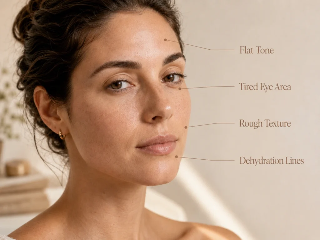 Close-up educational image showing dull skin signs such as flat tone, rough texture, dehydration lines, and tired-looking eyes.