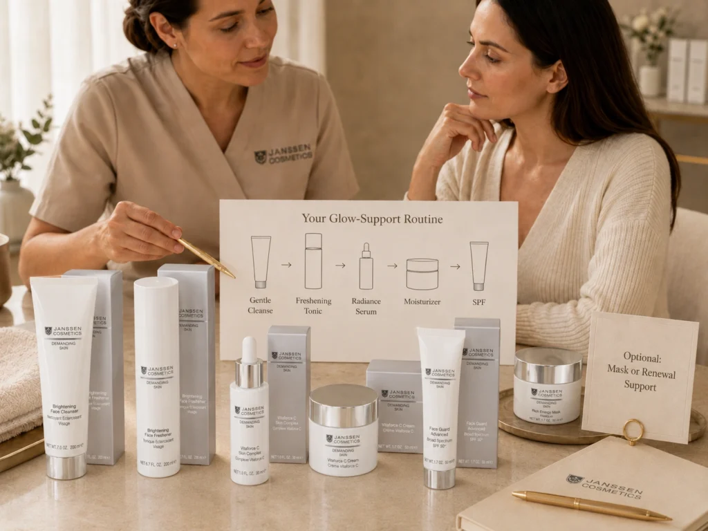 Esthetician-guided consultation showing a balanced glow-support routine for dull and tired-looking skin.