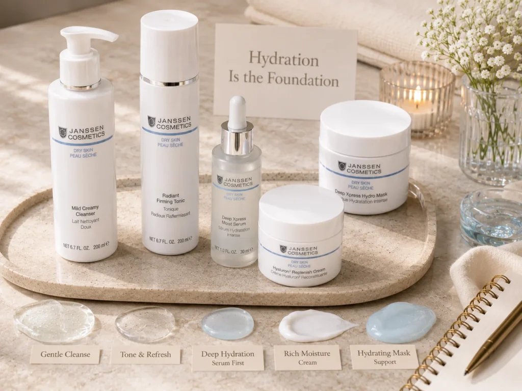 Luxury skincare still life showing an evening dry skin routine with hydrating serum, richer cream, optional hydrating mask, and gentle exfoliation caution.