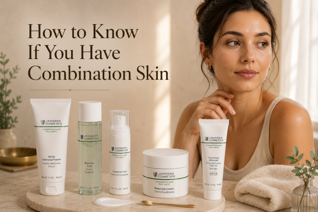 Luxury skincare hero image showing combination skin with subtle T-zone shine and balanced skincare products.