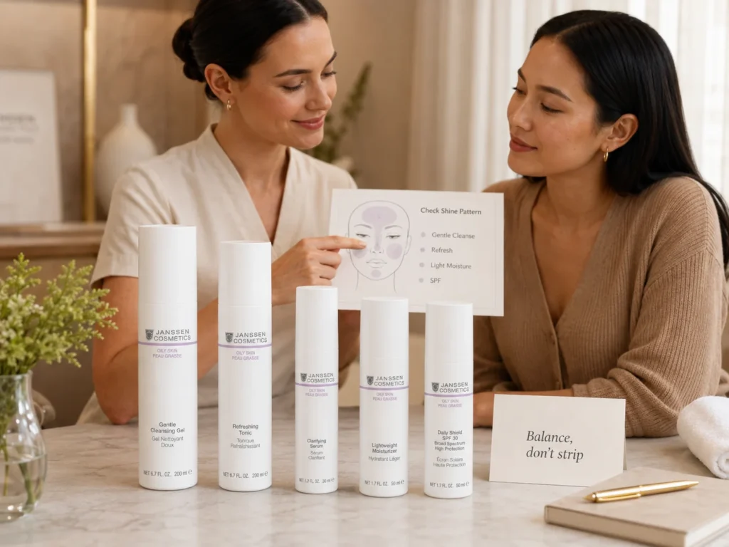 Esthetician-guided consultation showing oily skin pattern analysis and a gentle routine with cleanser, tonic, moisturizer, and SPF.