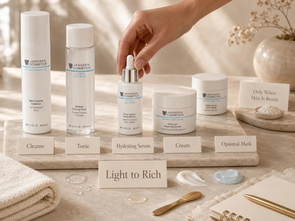 Luxury skincare still life showing how to layer dry skin ingredients from hydrating serum to cream, with gentle exfoliation caution.