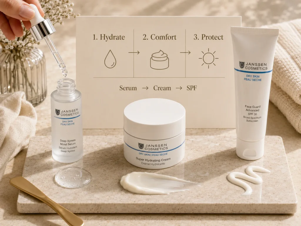Luxury skincare layering image showing hydrating serum, cream, and SPF for dry and dehydrated skin.