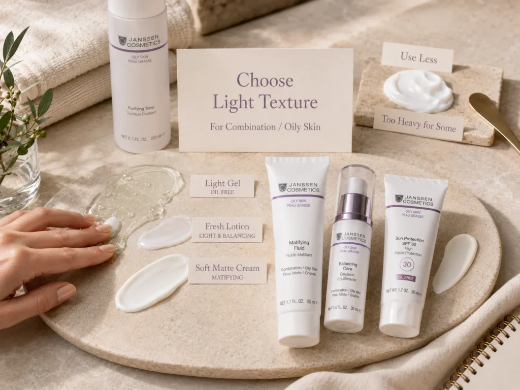 Luxury skincare still life comparing lightweight moisturizer textures for oily skin with heavier cream used carefully.