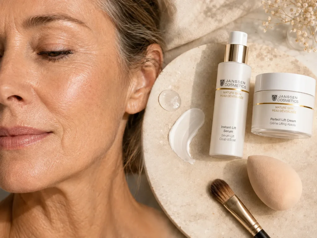 Mature skin prep image showing hydration, smoother texture support, and skincare before makeup.