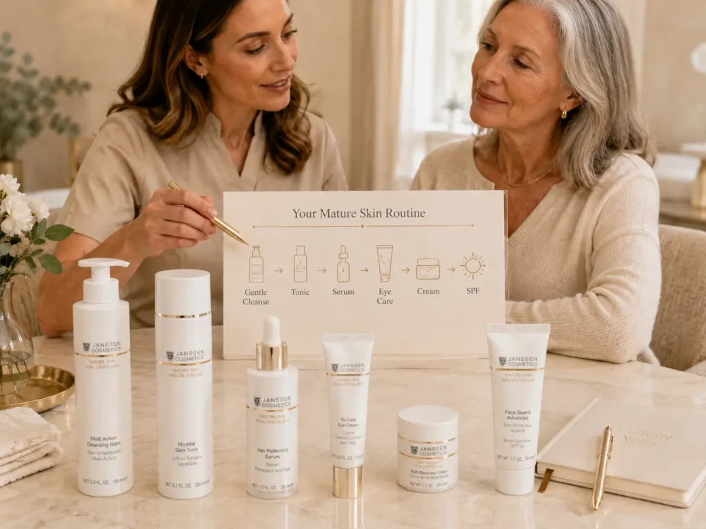 Esthetician-guided mature skin consultation showing a simple routine from cleanser to SPF.