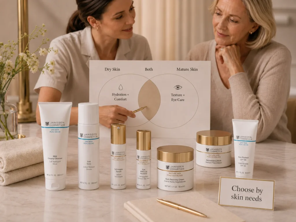 Esthetician-guided consultation comparing dry skin and mature skin needs with serum, eye care, cream, and SPF.