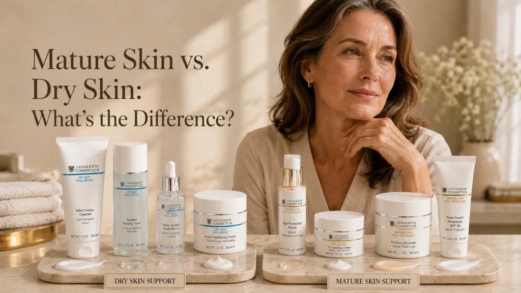 Luxury skincare hero image comparing mature skin and dry skin with hydrating serum, rich cream, eye care, and SPF.