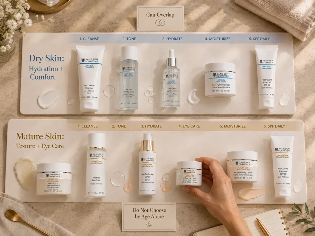 Luxury skincare still life comparing dry skin and mature skin routines with hydrating serum, cream, eye care, and SPF.