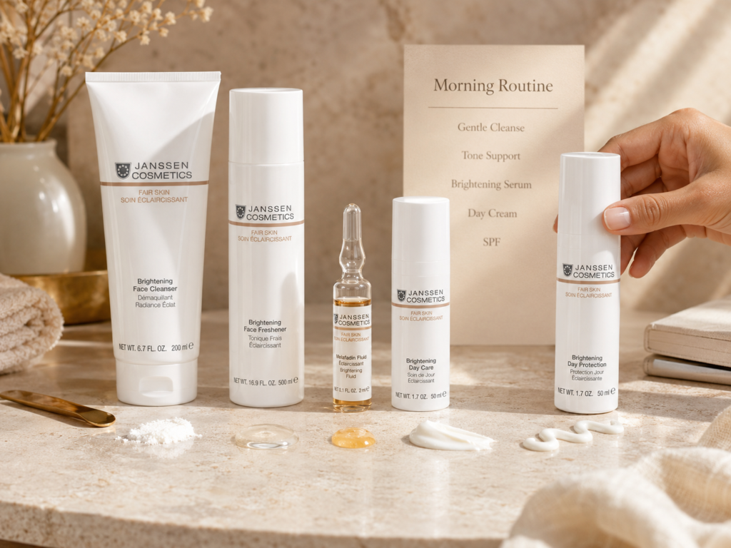 Luxury flat lay showing a morning brightening routine for uneven tone with cleanser, toner, serum, day cream, and SPF.