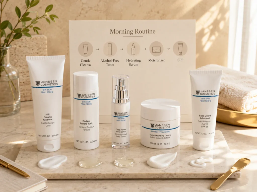 Luxury flat lay showing a simple morning dry skin routine with cleanser, tonic, hydrating serum, moisturizer, and SPF.