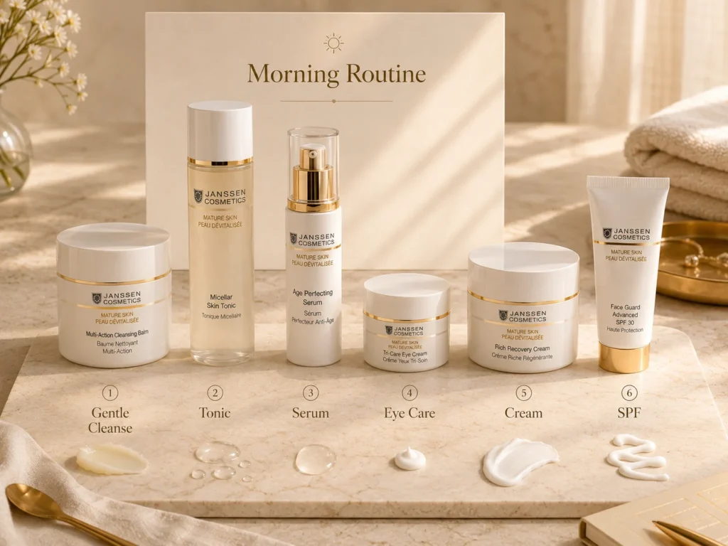 : Luxury flat lay showing a simple morning mature skin routine with cleanser, tonic, serum, eye care, cream, and SPF.
