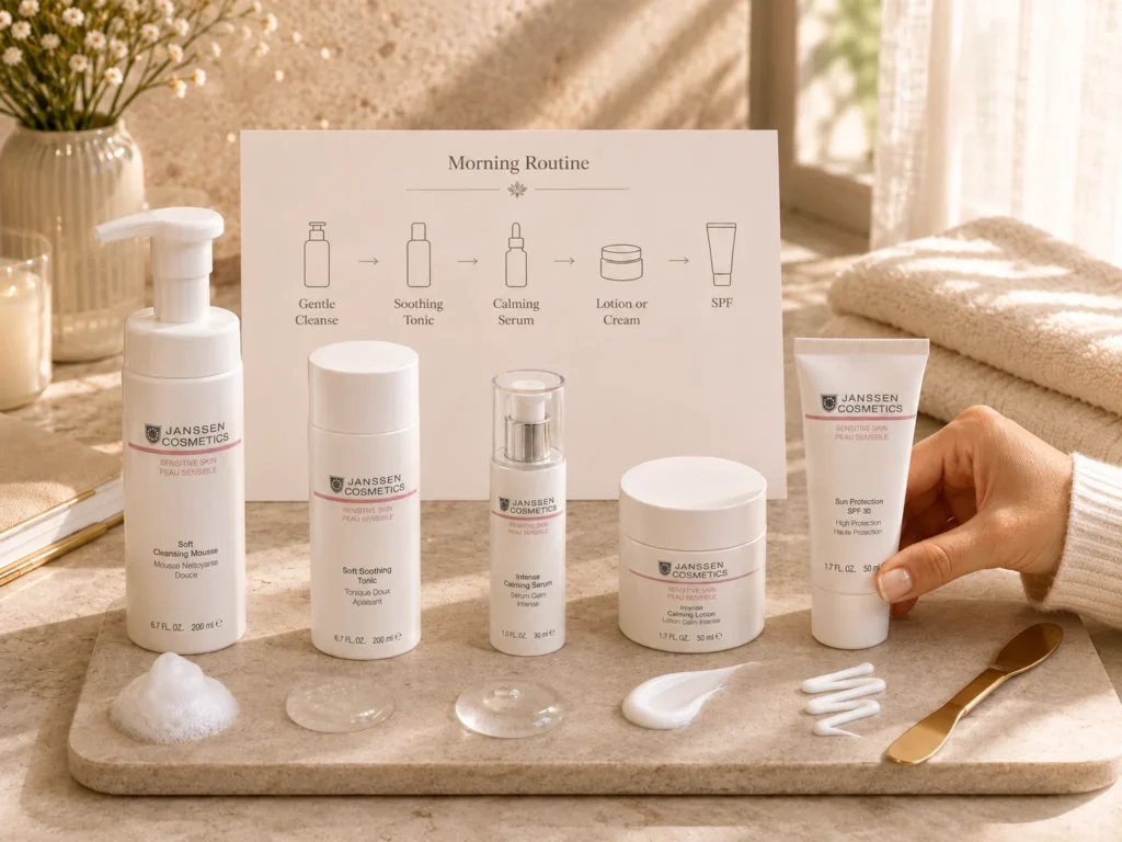 Luxury flat lay showing a simple morning sensitive skin routine with cleanser, tonic, calming serum, cream, and SPF.