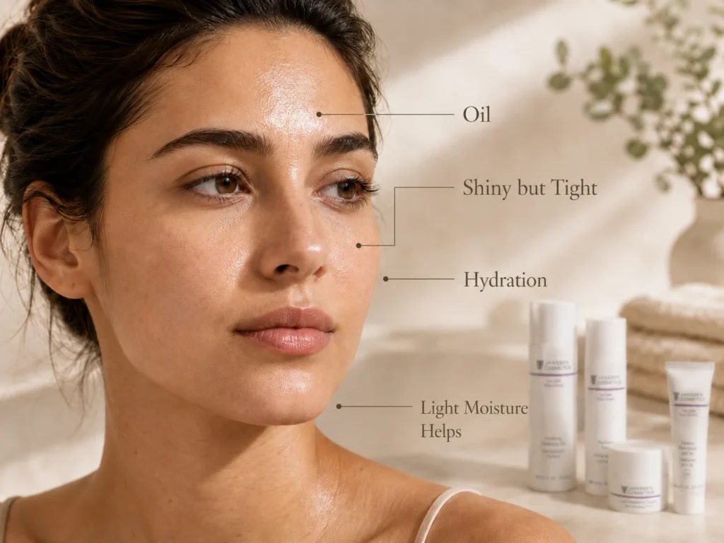 Educational skincare image showing that oily skin can still need hydration and lightweight moisturizer.