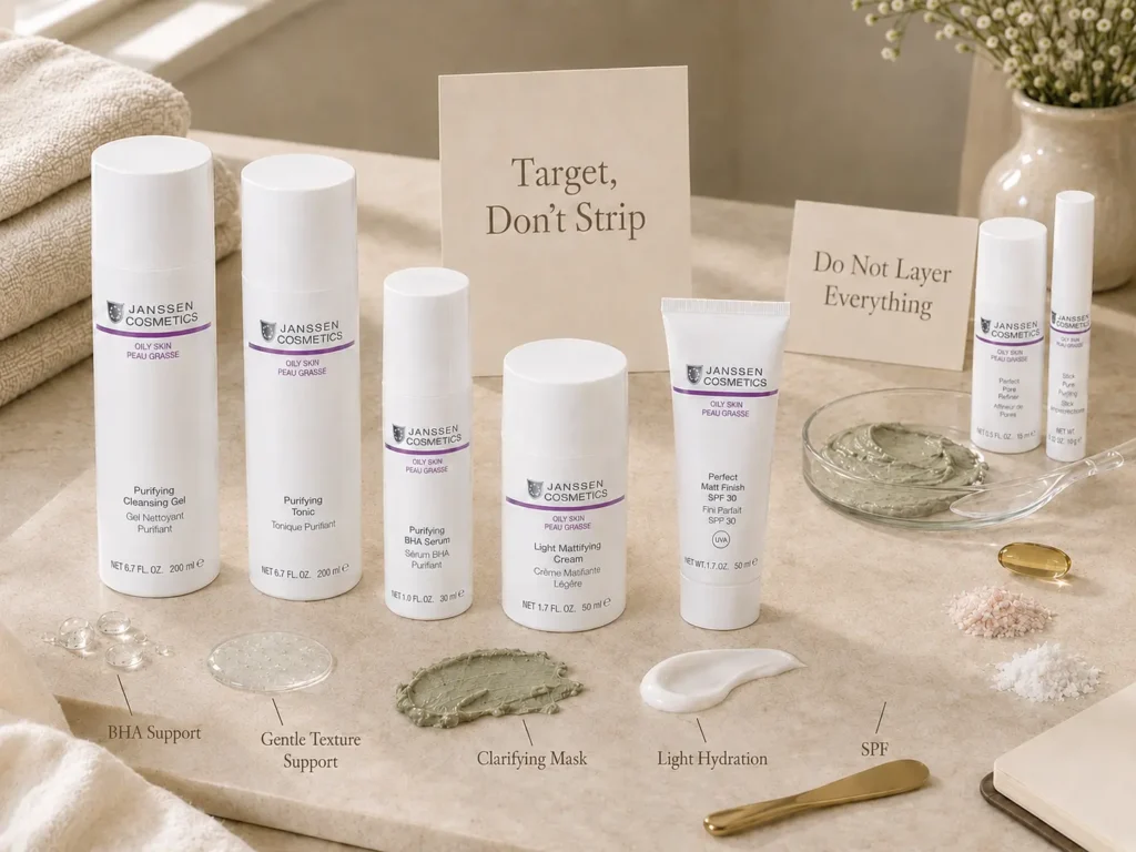 Luxury skincare still life showing BHA support, clarifying mask, lightweight hydration, SPF, and active-use caution for oily blackhead-prone skin.