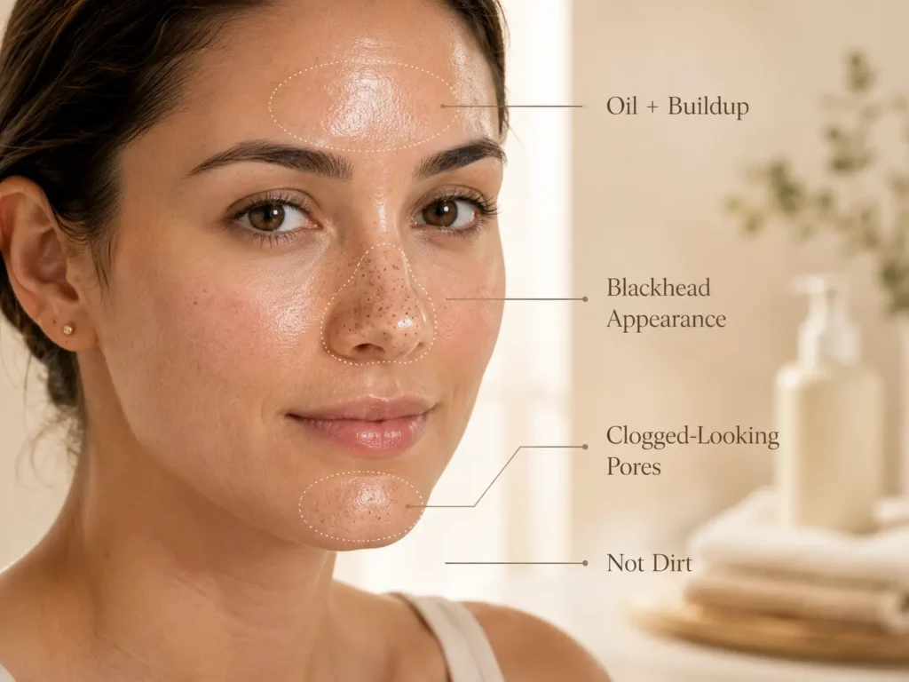 Educational skincare image showing blackhead appearance, clogged-looking pores, and oily T-zone shine in a gentle cosmetic way.