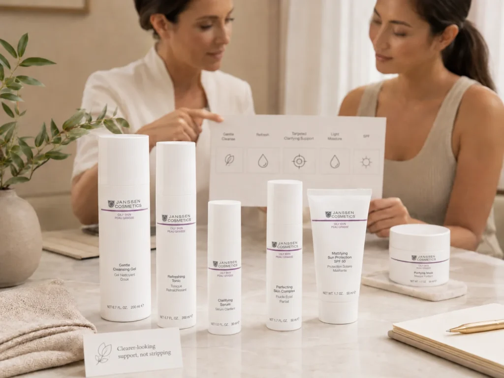 Esthetician-guided consultation showing a gentle oily skin routine for clogged-looking pores and blackhead appearance.