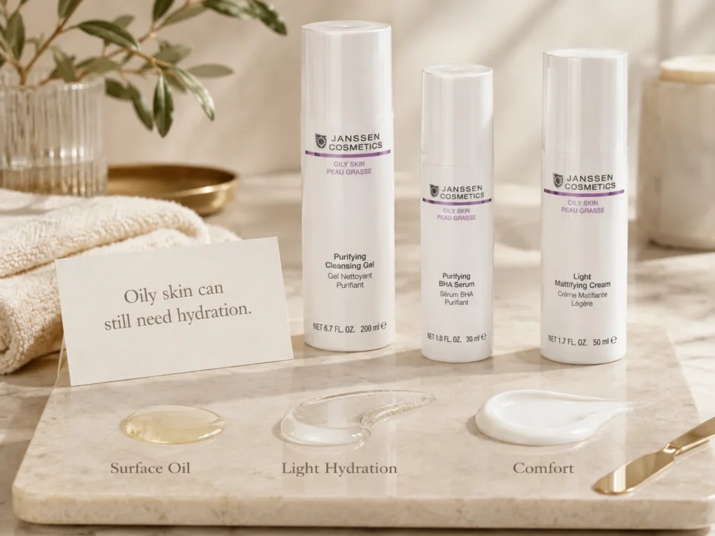 Luxury skincare still life explaining that oily skin can still need lightweight hydration and comfort.