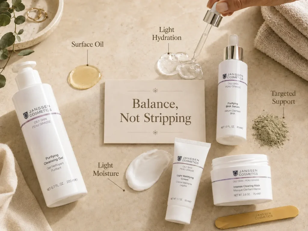 Luxury skincare still life explaining that oily skin can still need lightweight hydration and balanced clarifying support.