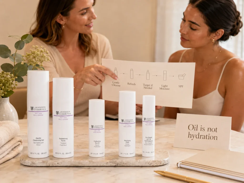 Esthetician-guided consultation showing an oily skin routine with gentle cleanser, tonic, targeted serum, lightweight moisturizer, and SPF.