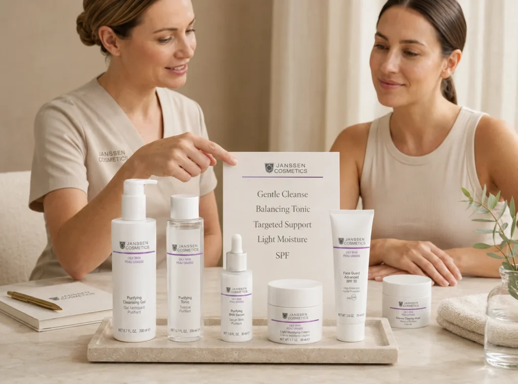 Esthetician-guided consultation showing a balanced oily skin routine with cleanser, tonic, serum, lightweight moisturizer, and SPF.