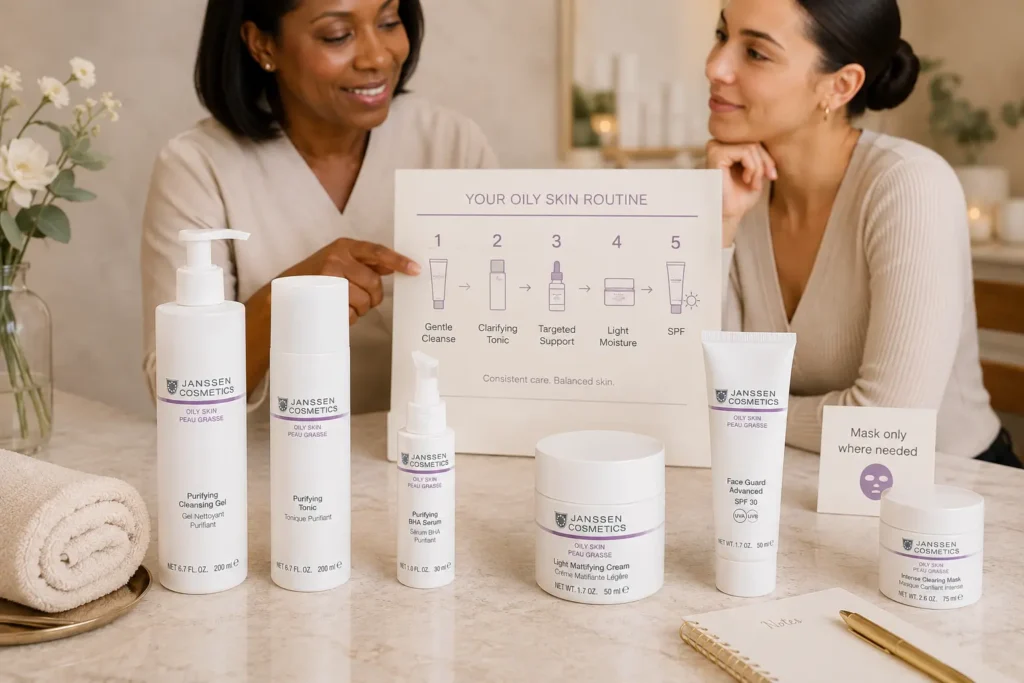 Esthetician-guided consultation showing a balanced oily skin routine with cleanser, tonic, serum, lightweight moisturizer, and SPF.