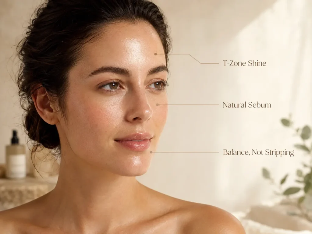 Close-up educational image showing subtle T-zone shine and natural sebum on oily skin.
