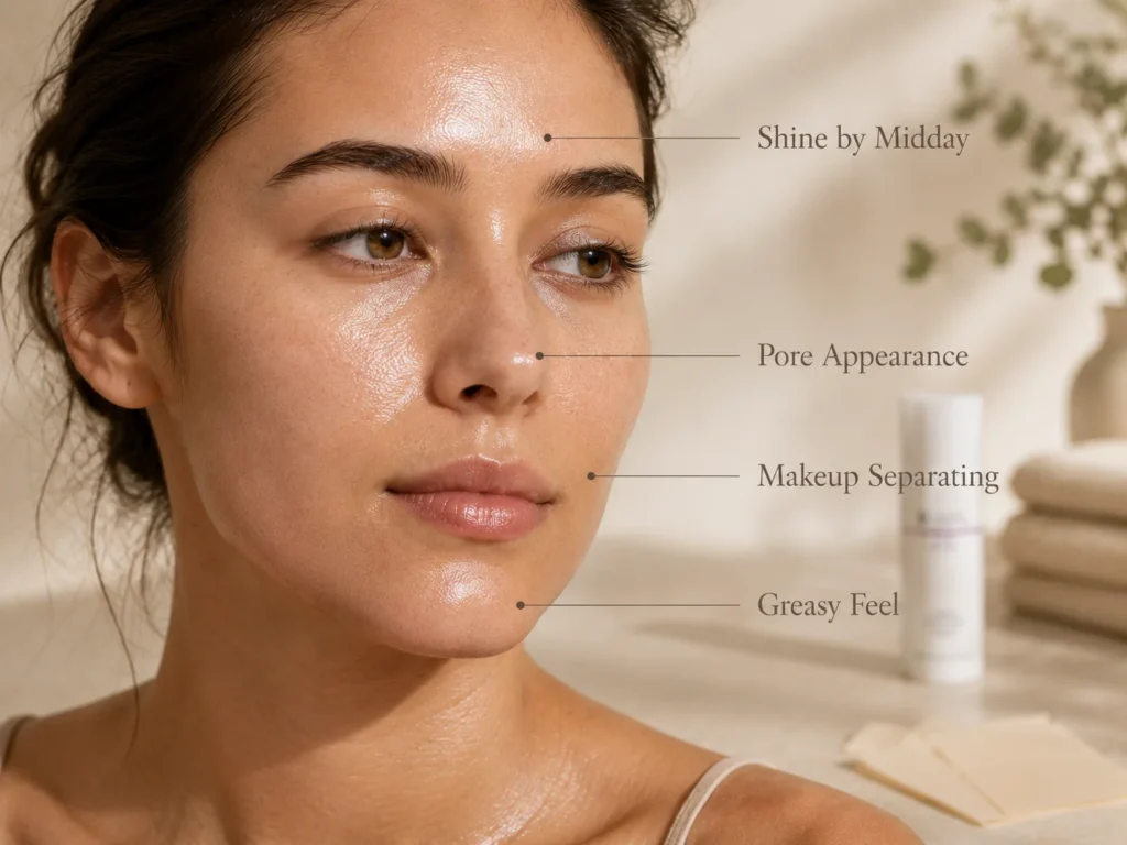 Educational skincare image showing oily skin signs such as midday shine, pore appearance, makeup separating, and greasy feel.