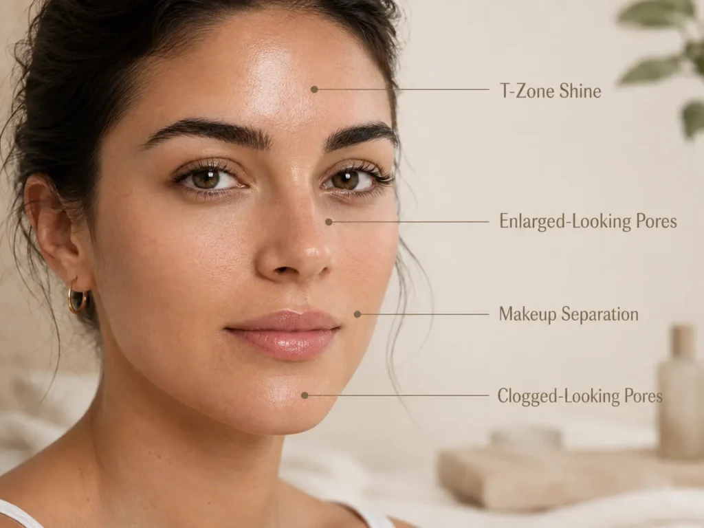 Close-up educational image showing oily skin signs such as T-zone shine, enlarged-looking pores, and makeup separation.