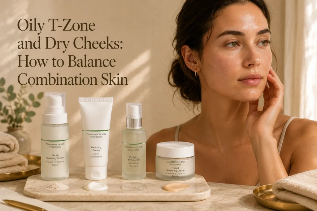 Luxury skincare hero image showing oily T-zone and dry cheeks with a balanced combination skin routine.