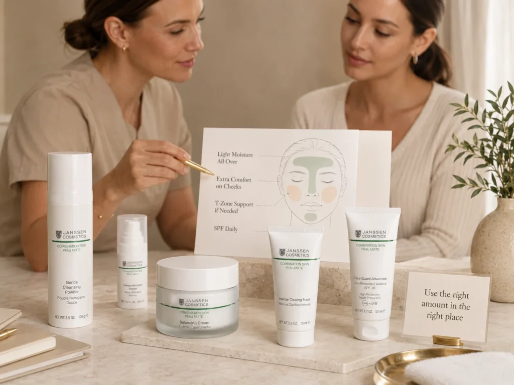 Esthetician-guided consultation showing zone-based care for oily T-zone and dry cheeks.