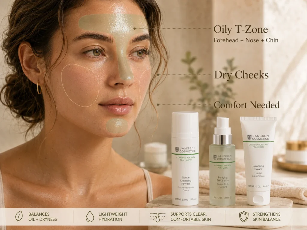 Educational skincare image showing an oily T-zone with dry cheeks as a combination skin pattern.