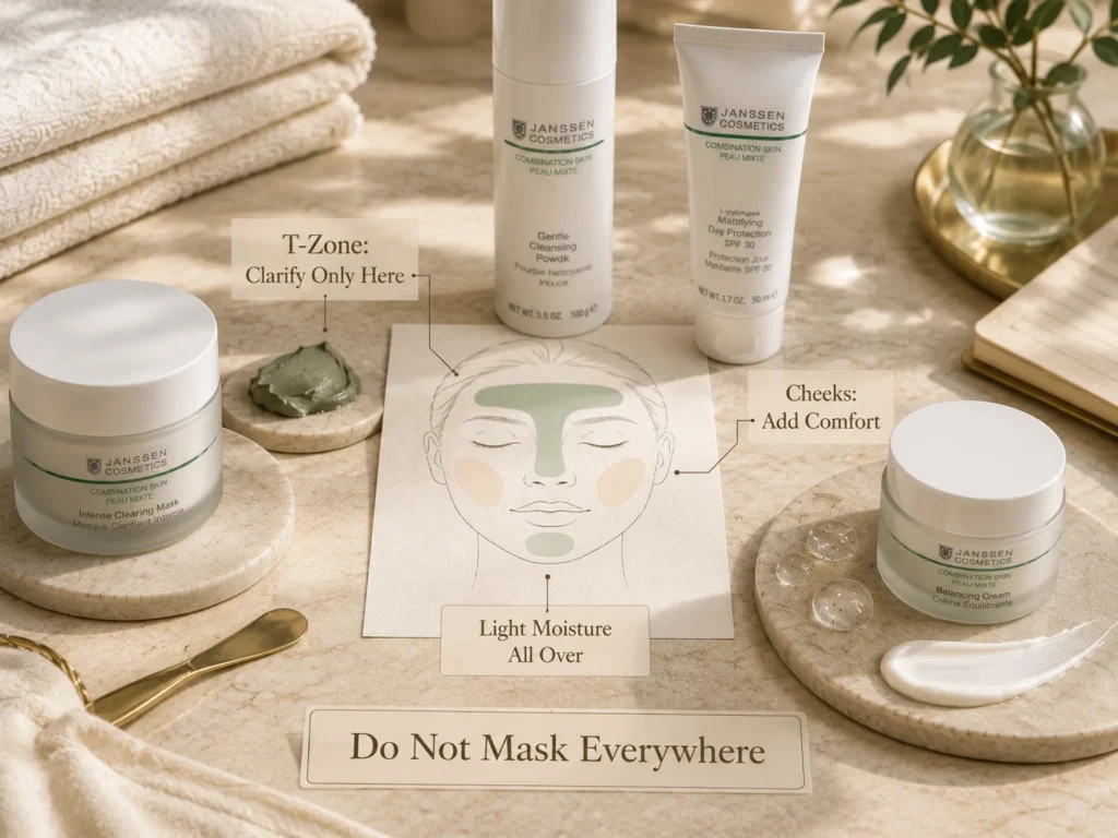 Luxury skincare still life showing zone-based care with clarifying support on the T-zone and comfort support on dry cheeks.