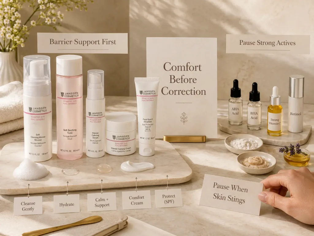 Luxury skincare still life showing barrier support first with hydration, comfort cream, SPF, and caution with strong actives.