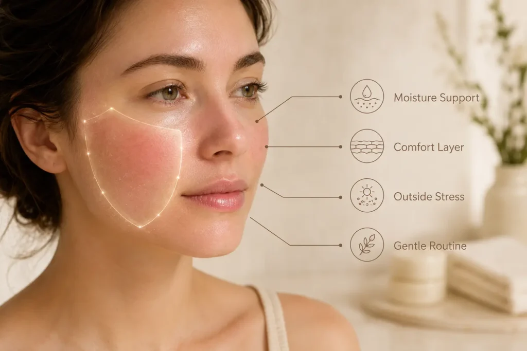 Educational skincare image showing sensitive skin barrier comfort with moisture support and gentle routine guidance.