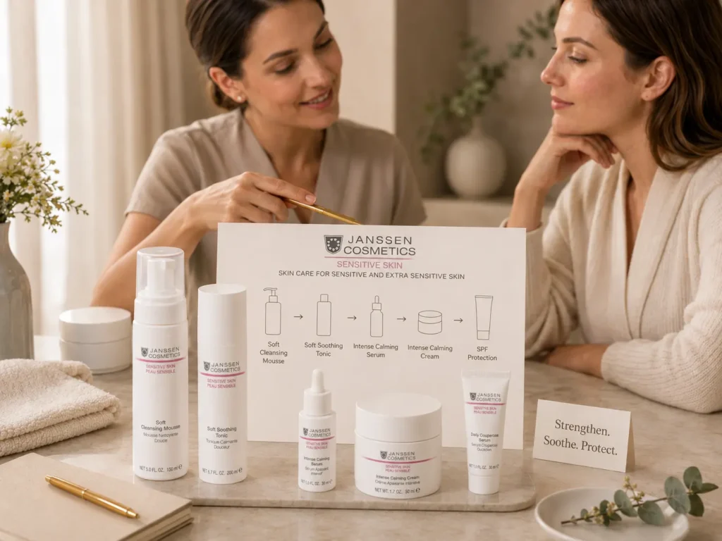 Esthetician-guided consultation showing a sensitive skin barrier-support routine with cleanser, soothing tonic, calming serum, comfort cream, and SPF.