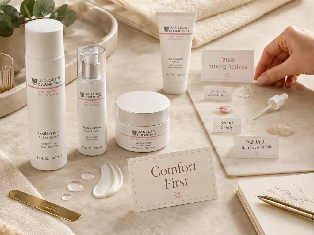 Luxury skincare still life showing comfort-first sensitive skin care and caution with exfoliation, retinol, and strong actives.
