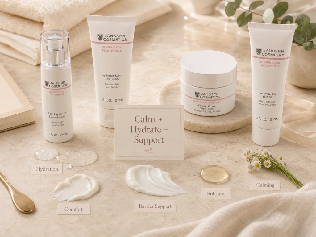Luxury ingredient still life showing hydration, comfort, barrier support, softness, and calming ingredients for sensitive skin.