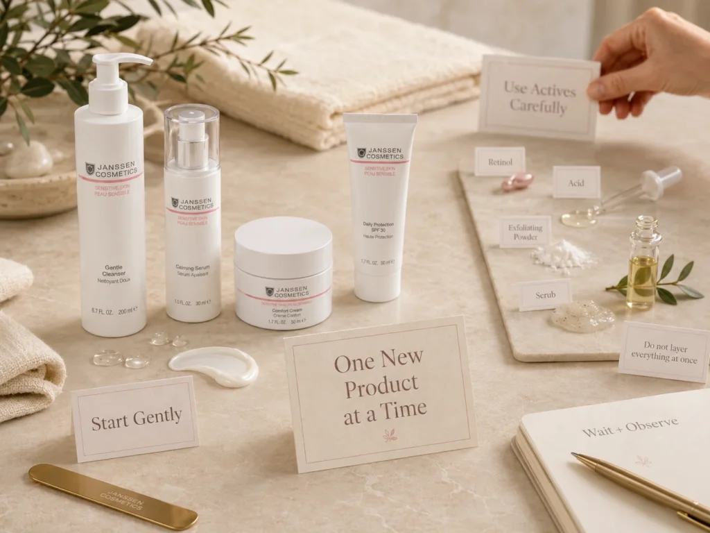 Luxury skincare still life showing sensitive skin ingredient caution and one-new-product-at-a-time guidance.