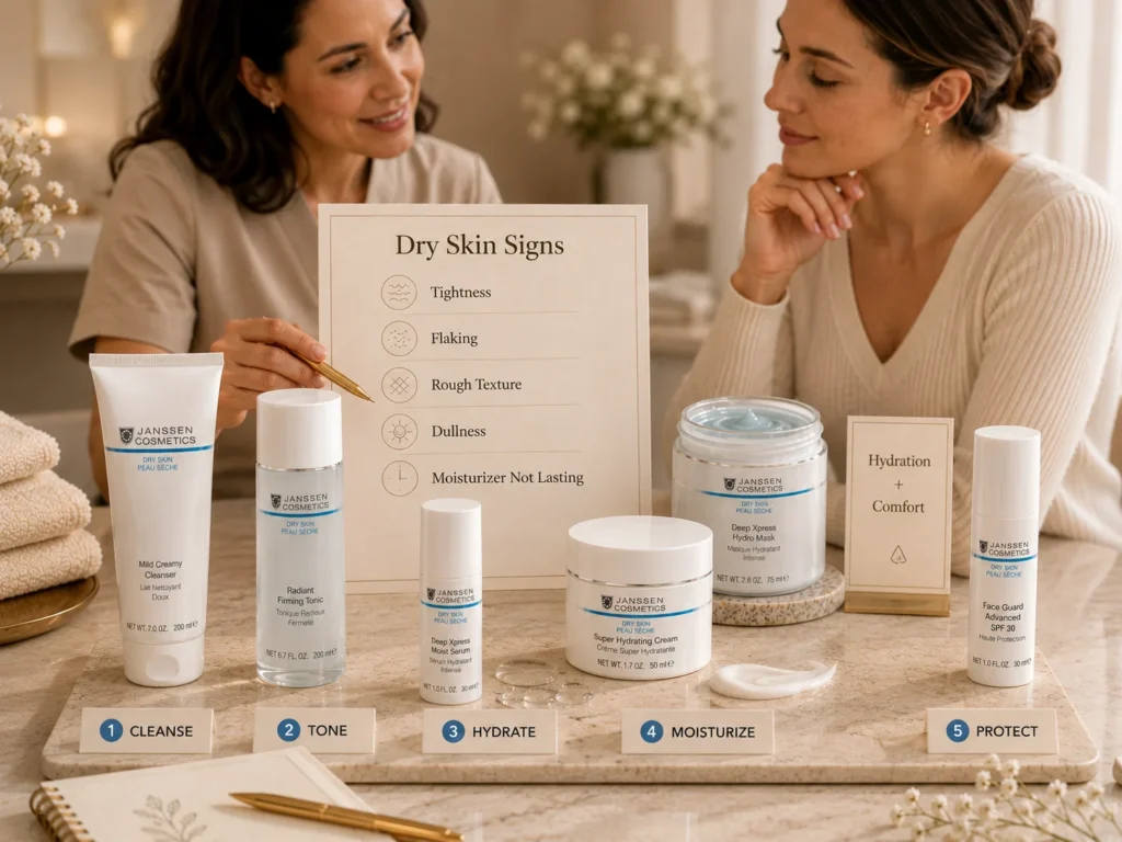 Esthetician-guided consultation showing dry skin signs and a gentle routine with cleanser, tonic, hydrating serum, cream, and SPF.