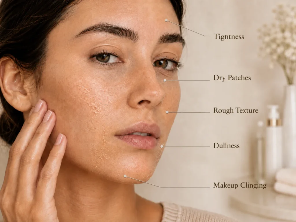 Educational skincare image showing common signs of dry skin including tightness, dry patches, rough texture, dullness, and makeup clinging.