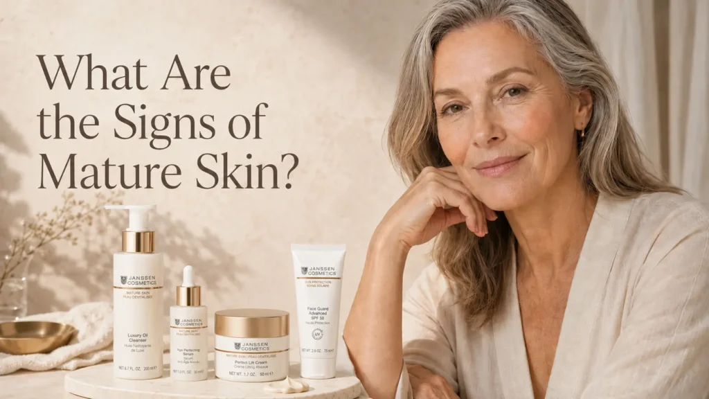 Mature woman in a luxury skincare setting with natural skin texture and a gentle well-aging routine.