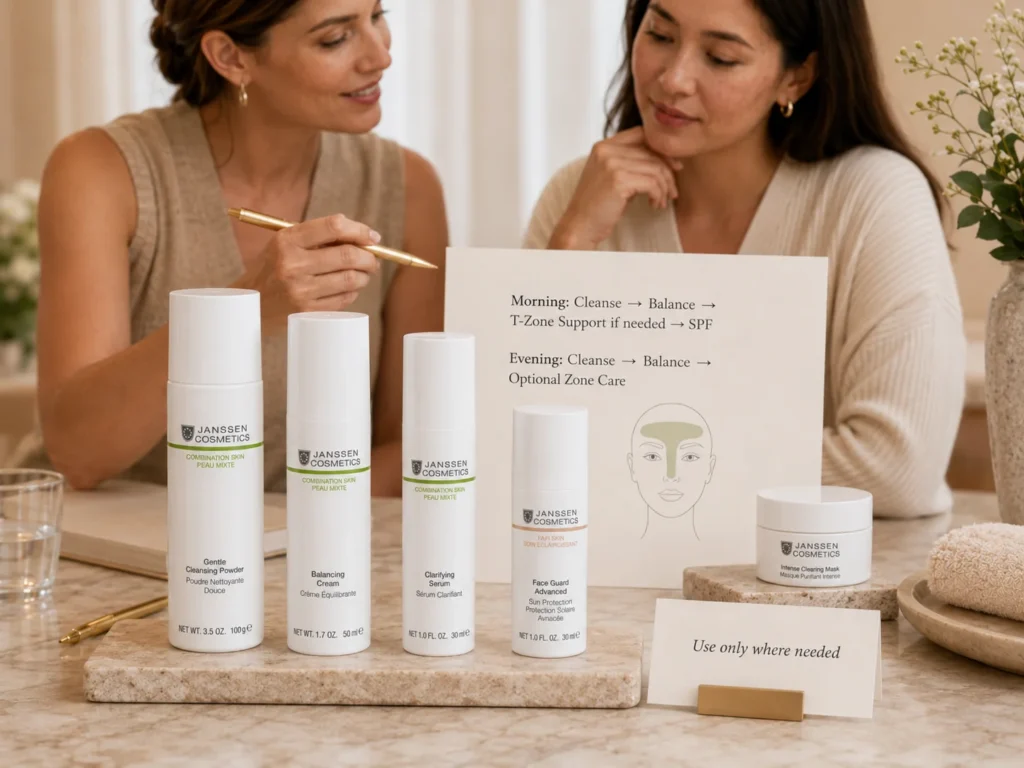 Esthetician-guided consultation showing a simple combination skin routine with cleanser, balancing moisturizer, T-zone support, and SPF.