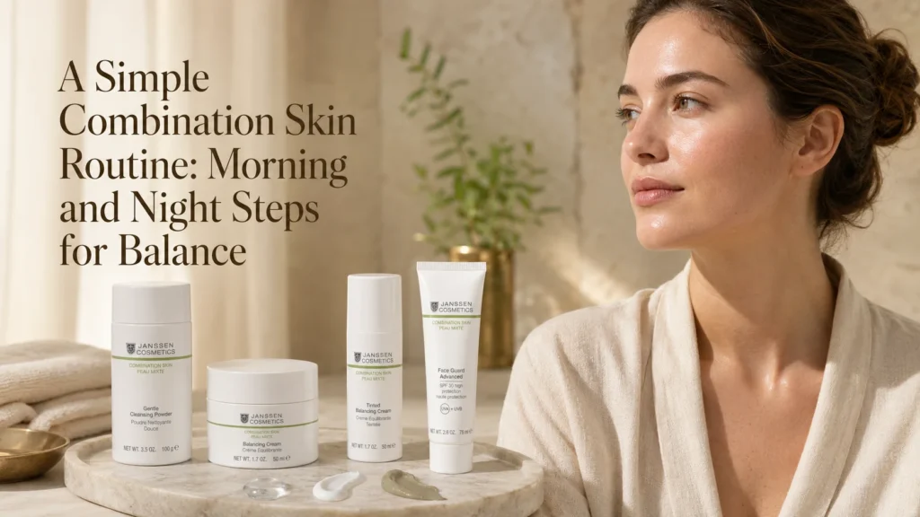 : Luxury skincare hero image showing a simple combination skin routine for oily T-zone and balanced cheeks.