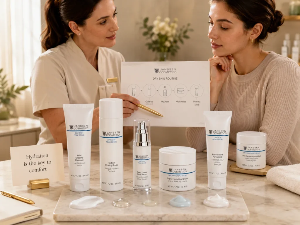Esthetician-guided consultation showing a simple dry skin routine with cleanser, tonic, hydrating serum, moisturizer, SPF, and optional hydrating mask.