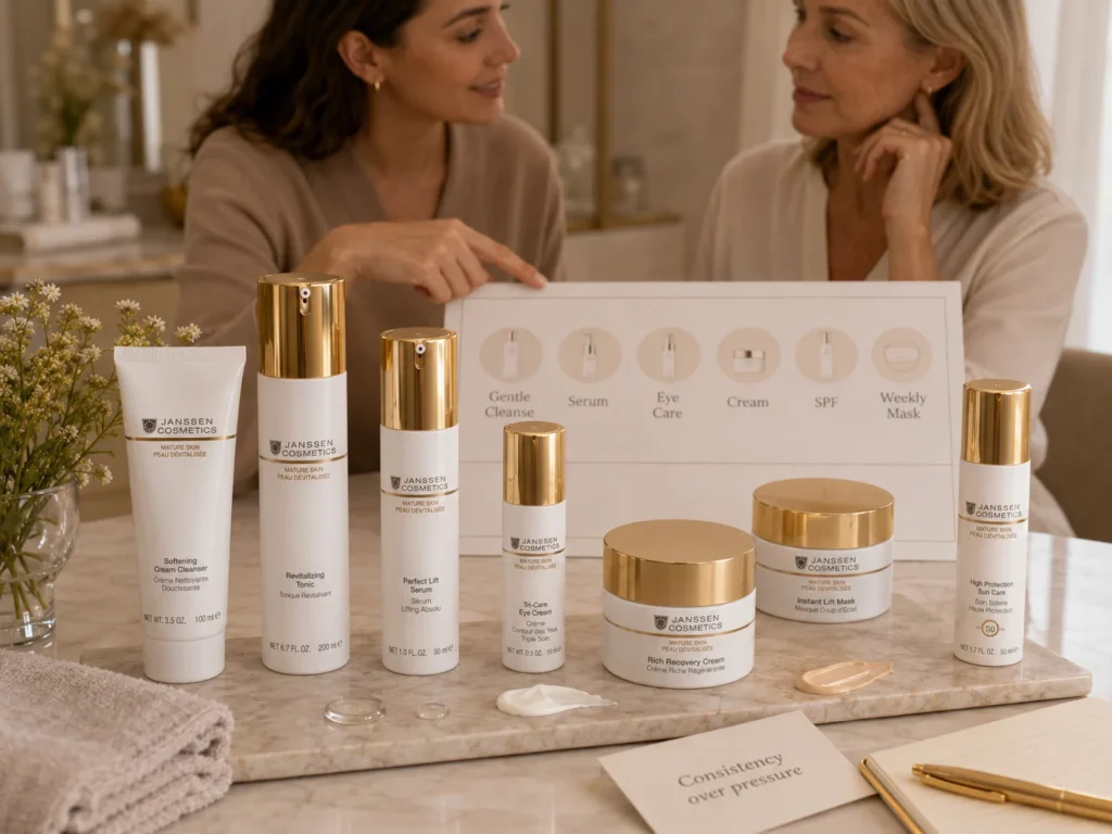 Esthetician-guided consultation showing a mature skin routine with cleanser, serum, eye care, cream, SPF, and weekly mask support.