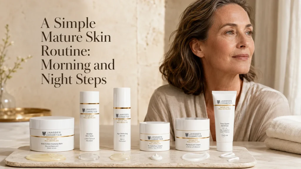Luxury skincare hero image showing a simple mature skin routine with serum, eye care, cream, and SPF.