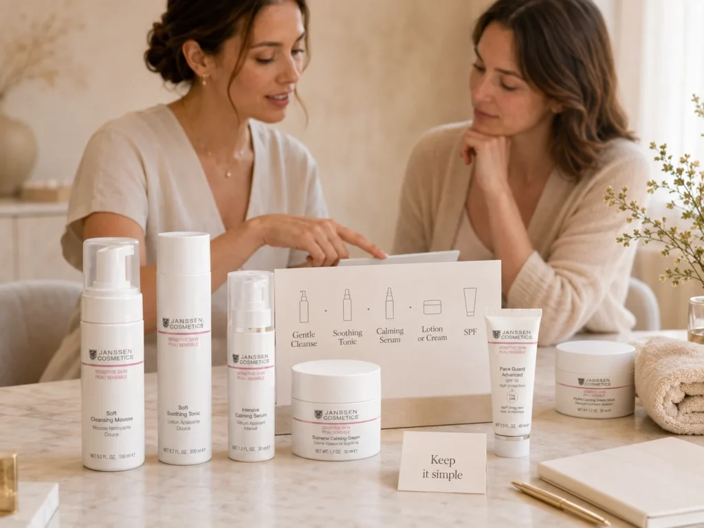 Esthetician-guided consultation showing a simple sensitive skin routine with gentle cleanser, soothing tonic, calming serum, cream, and SPF