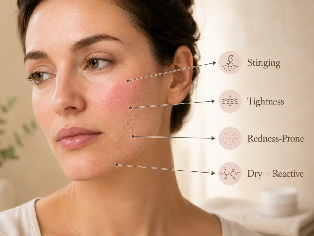 Educational skincare image showing mild sudden sensitive skin cues such as stinging, tightness, redness-prone cheeks, and dryness.
